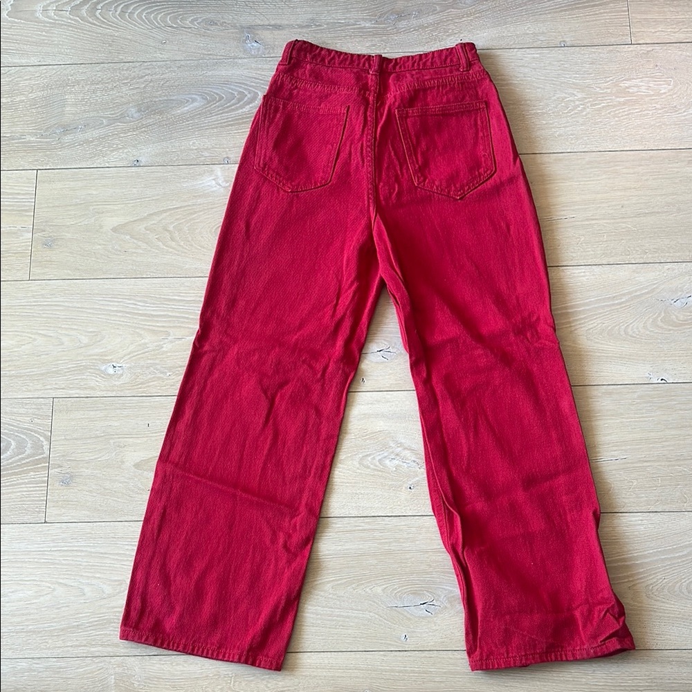 Red Distressed Wide-Leg Jeans - High Rise - Picture 3 of 3